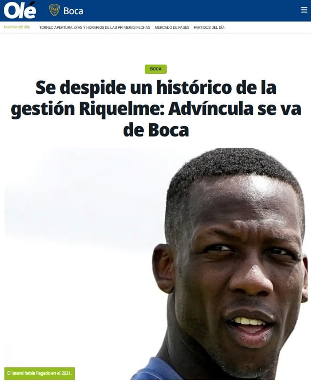 "Se despide un histórico": la reacción de Olé a la partida de Advíncula de Boca. (Captura)