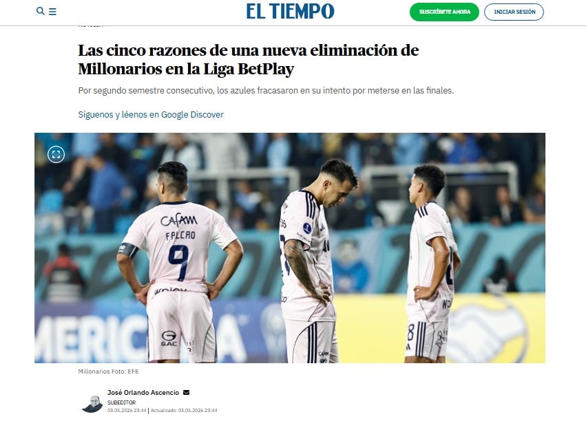 La prensa colombiana reaccionó a la eliminación de Millonarios y apuntó a Fabián Bustos. (Foto: Captura)