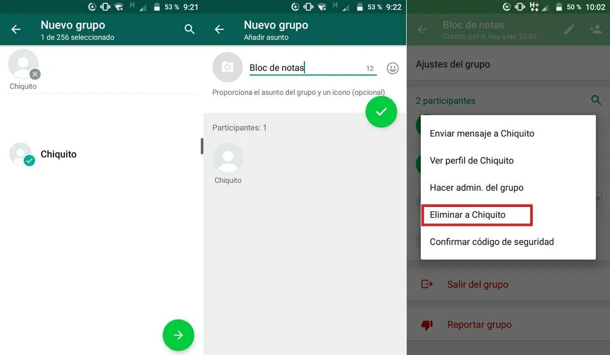 Para poder crear un bloc de notas en WhatsApp también deberás crear un grupo y eliminar a tu compañero. (Foto: WhatsApp)