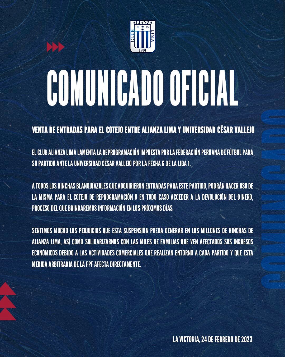En comunicado, Alianza Lima brindó su postura sobre suspensión de su encuentro (Alianza Lima)