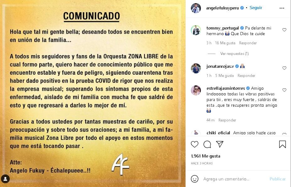 Angelo Fukuy utilizó sus cuentas en redes sociales para confirmar contagio del COVID-19. (Instagram)
