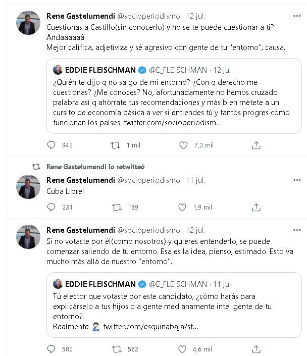 'Picante' conversación entre Eddie Fleischman y René Gastelumendi. (Twitter)
