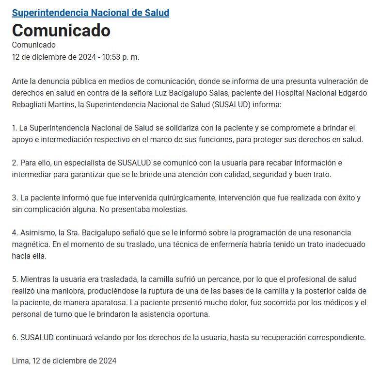 Susalud se pronunció a favor de Lucy Bacigalupo.