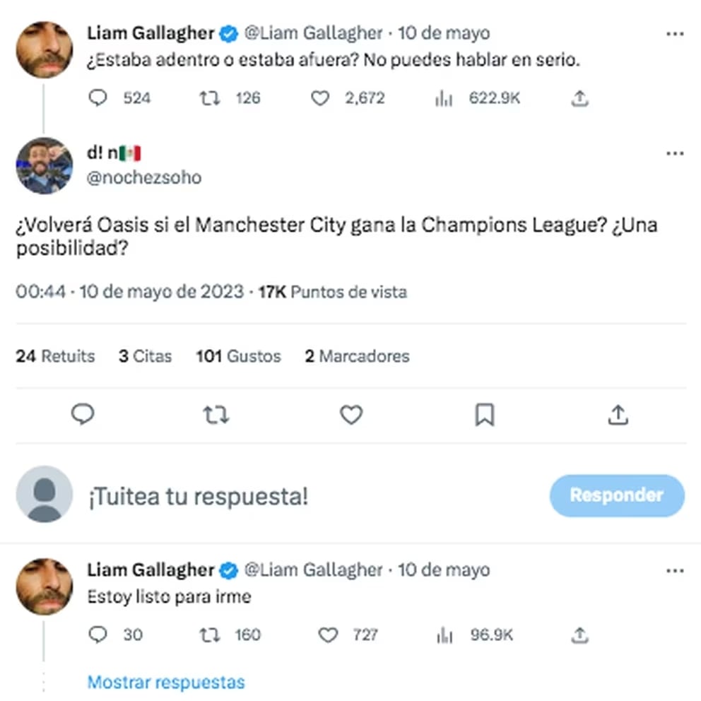 Liam Gallagher afirmó que Oasis se reunirá si es que Manchester City gana la Champions. Foto: Twitter