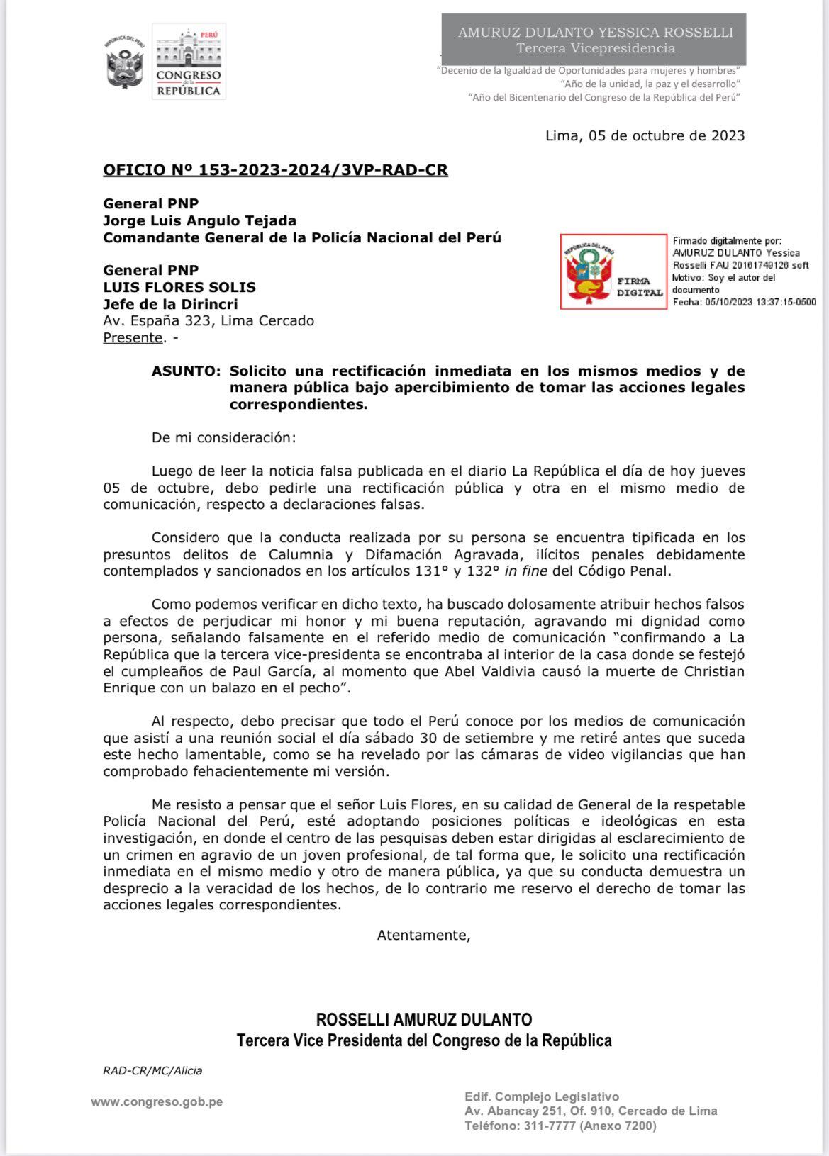 La congresista Rosselli Amuruz exigió una rectificación al jefe de la Dirincri, general PNP Luis Flores.