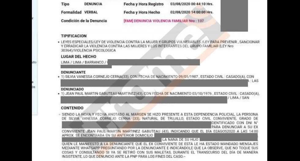 Parte policial de denuncias de Silvia Cornejo y Jean Paul Gabuteau