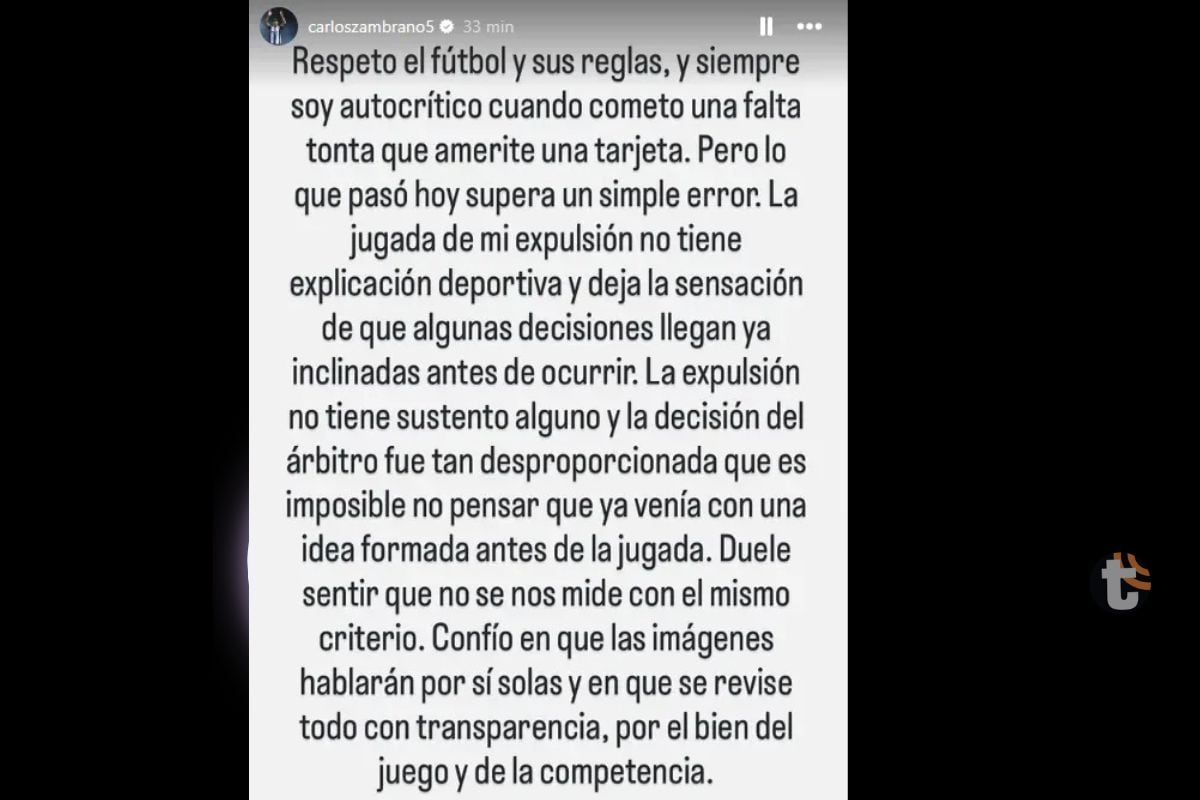 Carlos Zambrano expresó su rechazo a nueva expulsión en Liga 1 (Foto: @carloszambrano5)