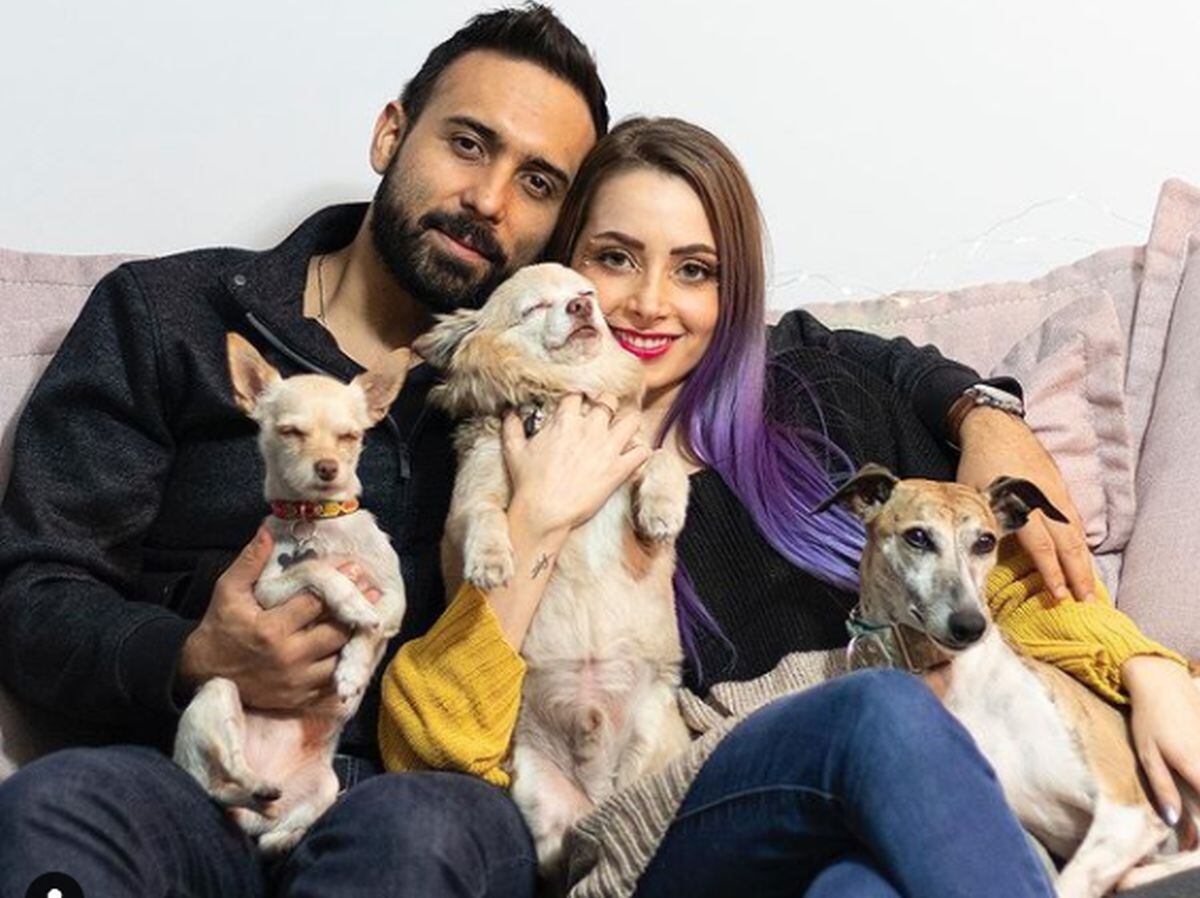 La influencer y su novio posando para la cámara con sus tres 'perrhijos' (Foto: YosStop / Instagram)