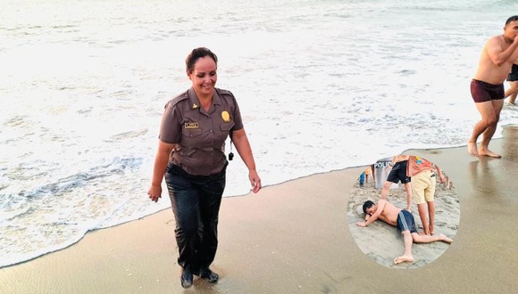 Chimbote: Coronel PNP Carol Vigo salvó a tres bañistas.
