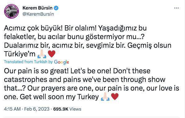Captura de pantalla del twit de Kerem Bürsin donde habla del terremoto de Turquía (Foto: Kerem Bürsin / Instagram)