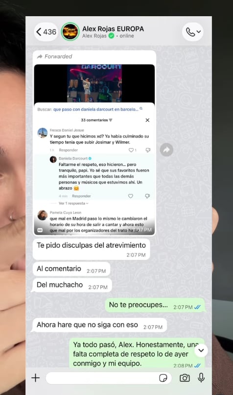 Daniela Darcourt mostró chats donde el dueño de la productora se disculpó con ella.