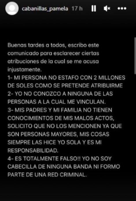 captura del instagram de Pamela Cabanillas.