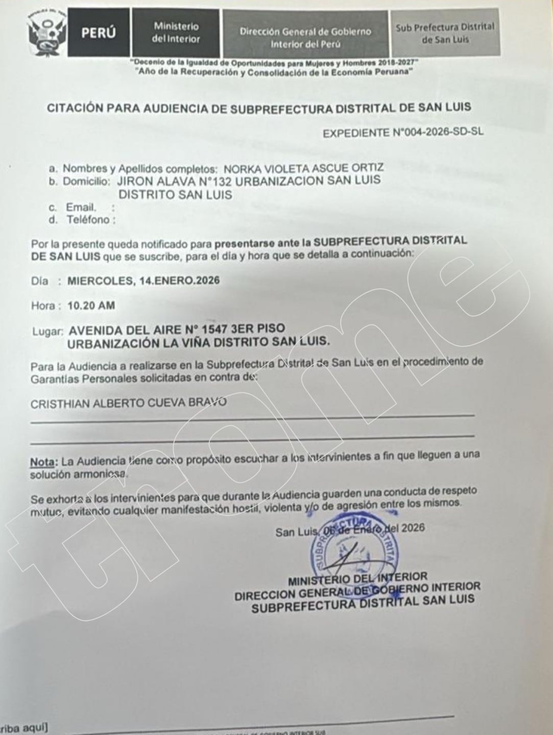 Se muestran documentos de la citación de la Mackyna y Norka Ascue, en contra de Christian Cueva.