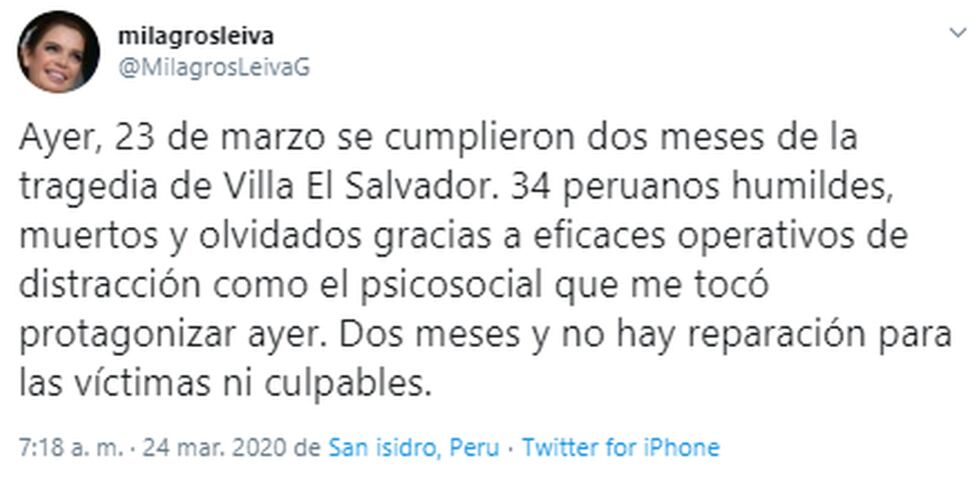 Milagros Leiva y su tuit sobre tragedia en Villa El Salvador