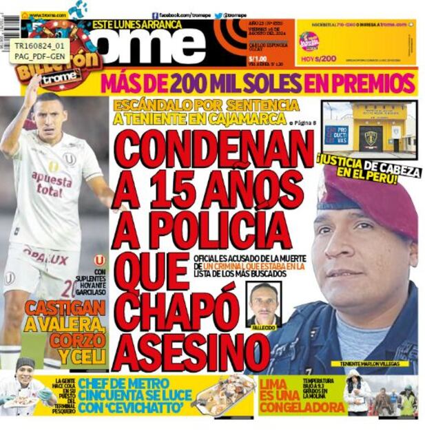 Portada impresa de Trome del viernes 16 de agosto de 2024