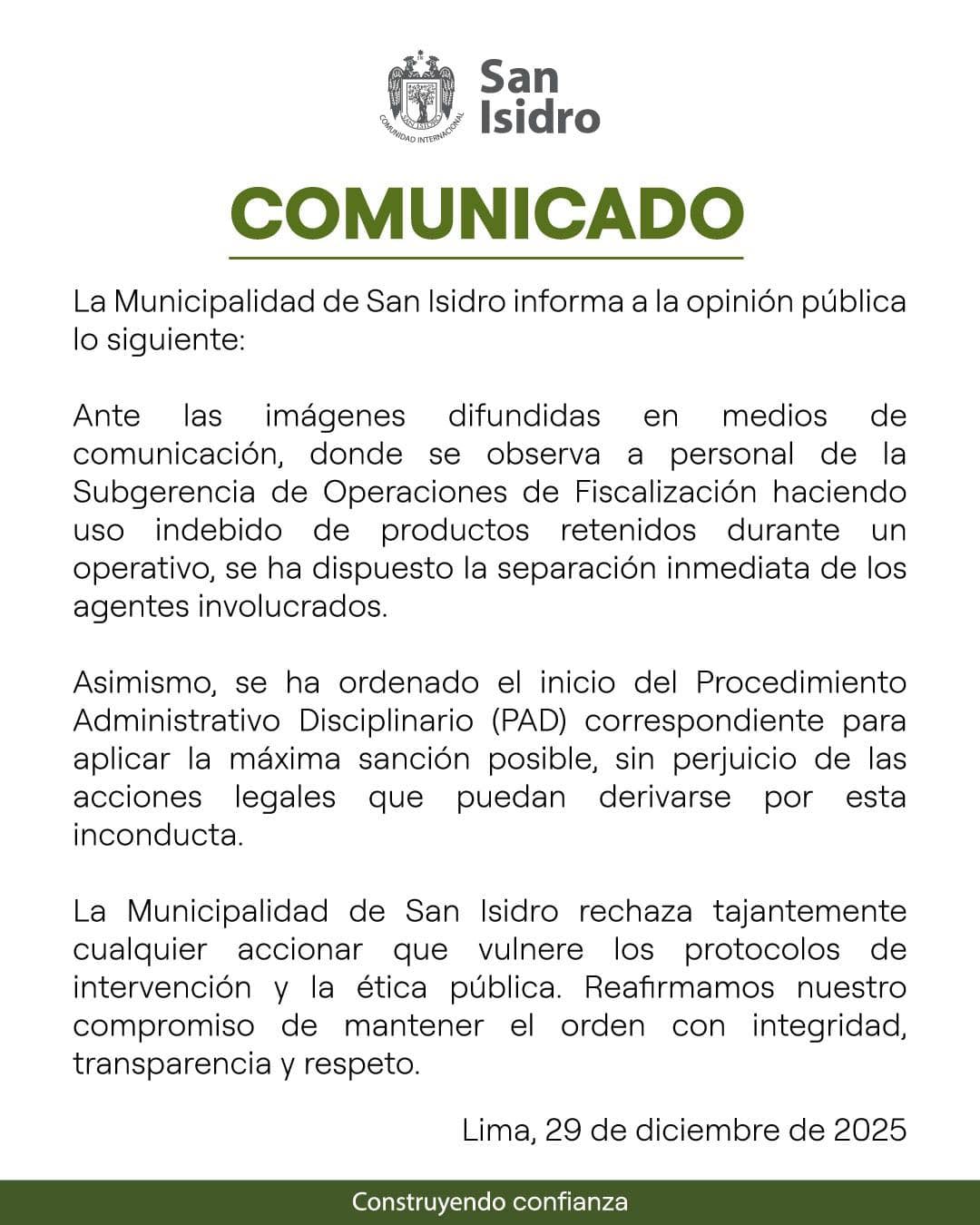 (Comunicado: Municipalidad de San Isidro)