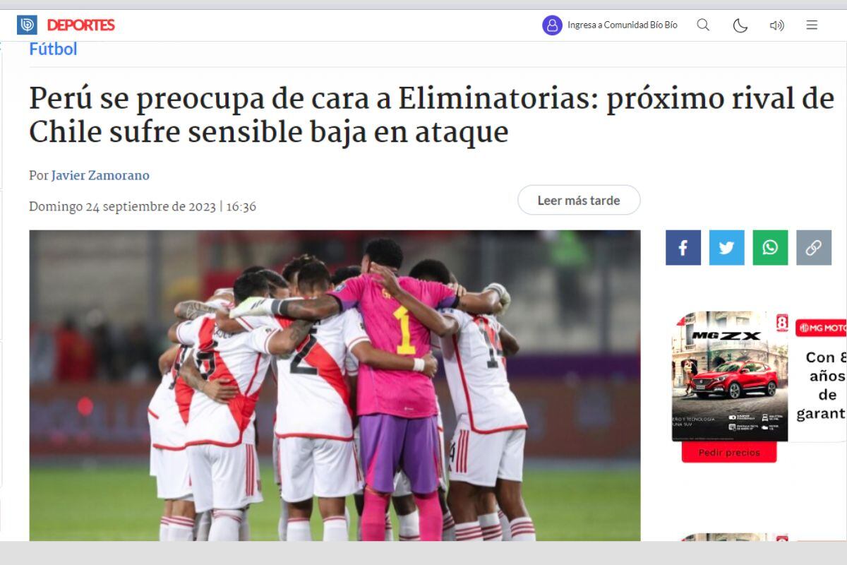 Bio Bio de Chile y otros medios se ocupan de la baja de André Carrillo (Foto: @biobiochile)