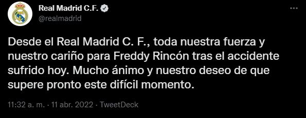 Mensaje del Real Madrid a Freddy Rincón tras accidente vehicular.