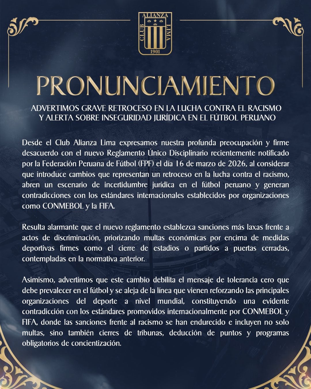 El comunicado de Alianza Lima cuestionando el nuevo Reglamento Único Disciplinario. (Imagen: Alianza Lima)
