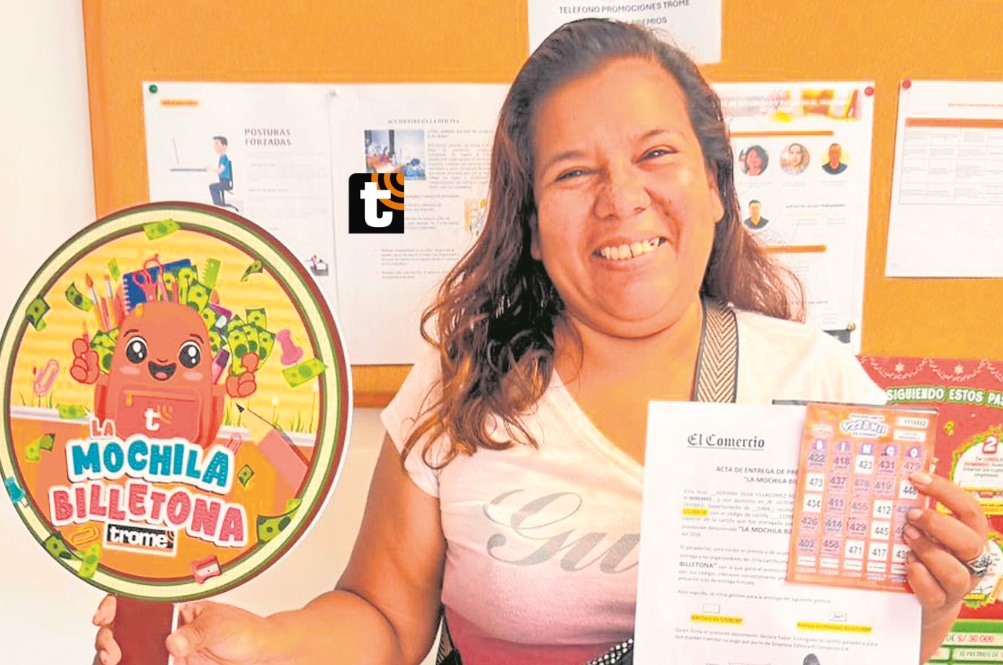 La señora Adriana ganó 5 mil soles con la promoción 'La Mochila Billetona' de Trome'.