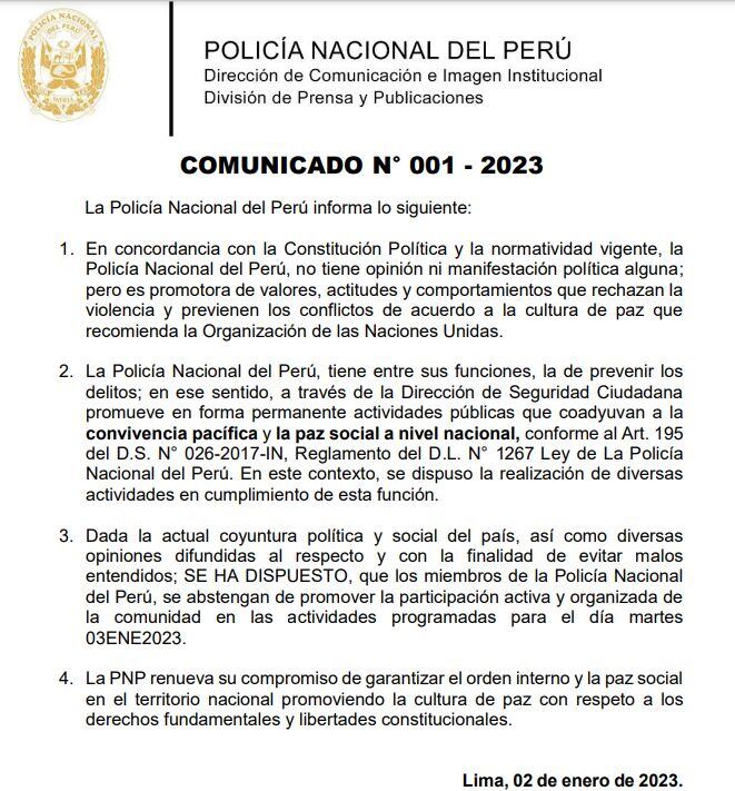 Policía Nacional confirmó que ya no participará en la marcha por la paz. (PNP)
