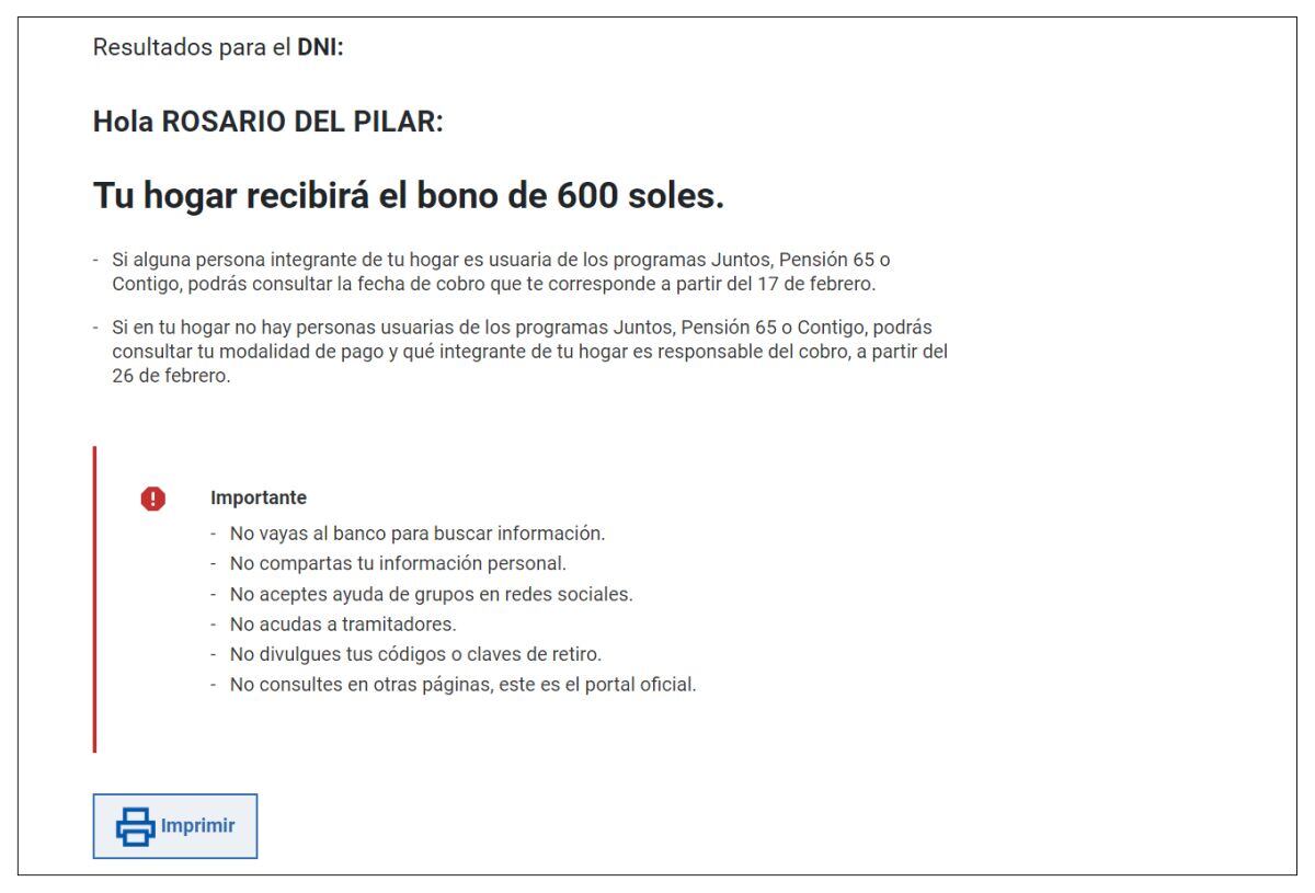 (Fuente: Plataforma de Consulta del Bono 600)