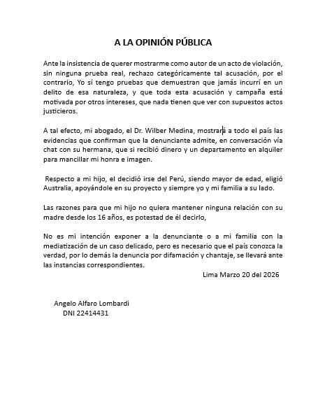 Comunicado de ministro Ángelo Alfaro a la opinión pública.