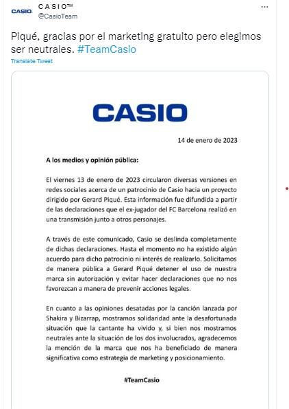 A través de un comunicado, la marca japonesa de relojes dejó en claro su posición sobre el idilio entre Piqué y Shakira (Foto: Casio / Twitter)