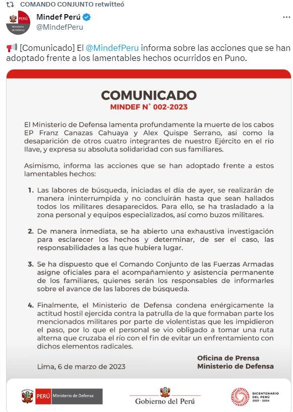 comunicado de del Comando Conjunto de las Fuerzas Armadas