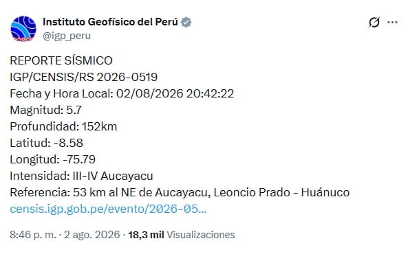IGP reporta sismo de 5.7 grados en Huánuco la noche de este 2 de agosto.