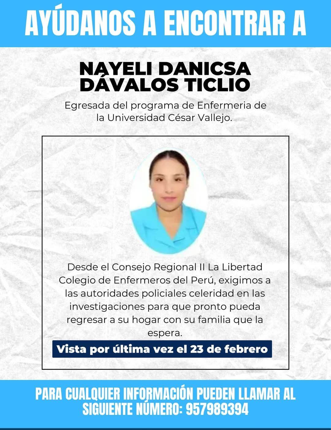 Nayeli Dávalos desapareció en Trujillo el pasado 23 de febrero.