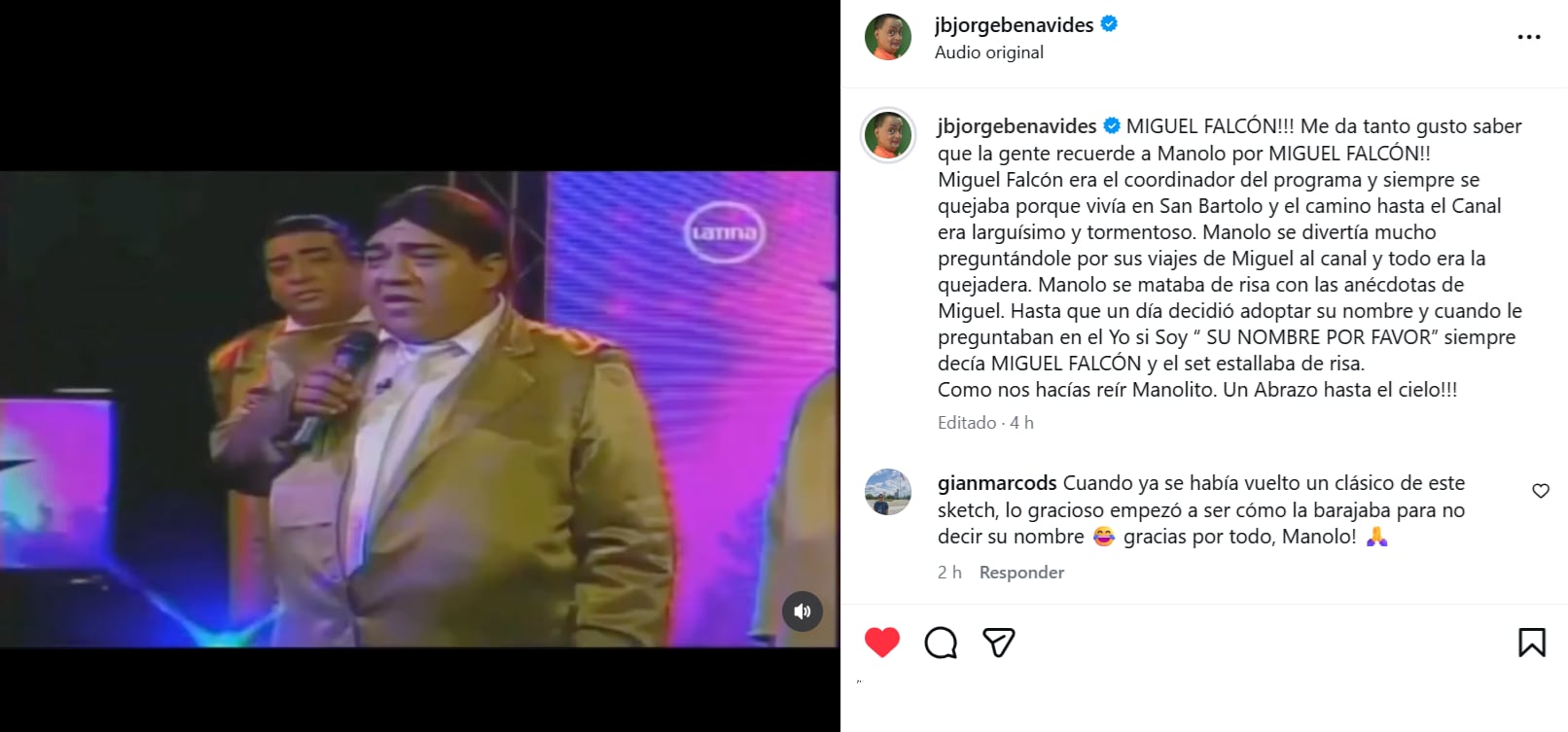 Jorge Benavides recordó a Manolo Rojas tras su fallecimiento, revelando por qué en un sketch se hacía llamar "Miguel Falcón".