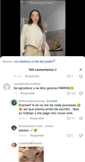 Melissa Lobatón Klug contesta a usuario que le nombran a Jefferson Farfán en publicación de TikTok.