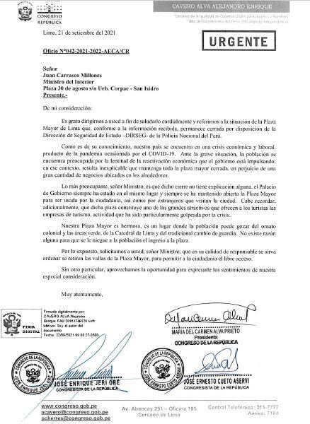 Congresistas piden al ministro del Interior reabrir el acceso a la Plaza Mayor