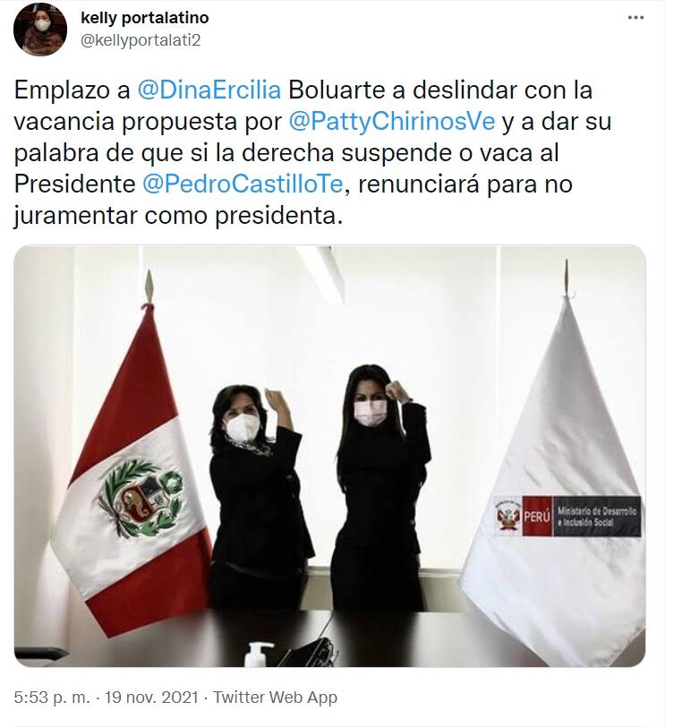 La congresista Kelly Portalatino insistió en sus críticas contra la vicepresidenta Dina Boluarte. (Foto: @kellyportalati2 / Twitter)