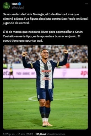 El viral pedido de un hincha de River para que fichen a Erick Noriega. (Imagen: Captura de X)