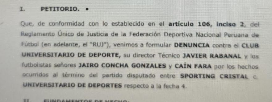 Parte de la denuncia de Alianza Lima contra jugadores de Universitario. (Foto: @kevin23pacheco)