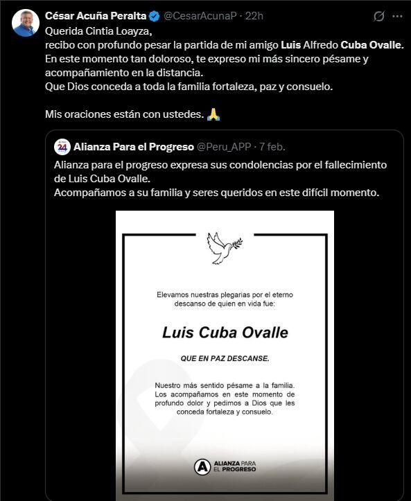 César Acuña compartió mensaje por el fallecimiento de Luis Cuba Ovalle. (Twitter)