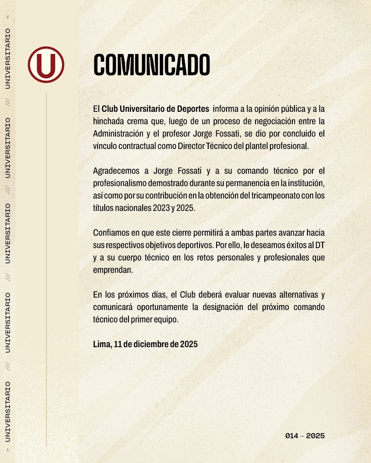 Universitario hizo oficial la salida de Jorge Fossati. (Imagen: Universitario)