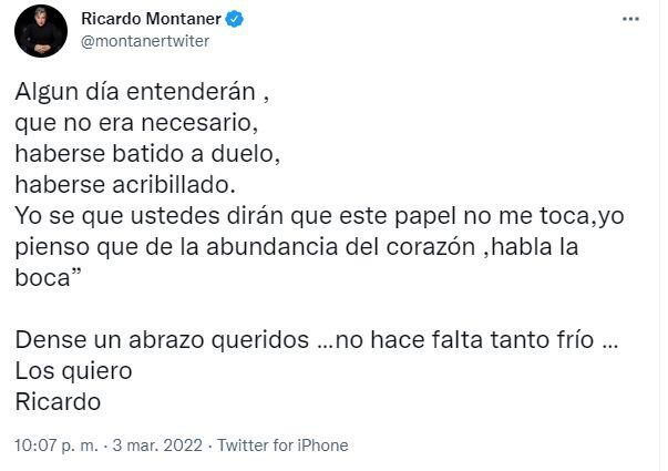 Ricardo Montaner se pronunció vía Twitter sobre la "tiradera" de Residente a J Balvin. (Foto: Captura de Twitter)