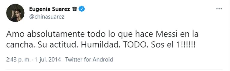 Tweet de la China Suárez a Lionel Messi.