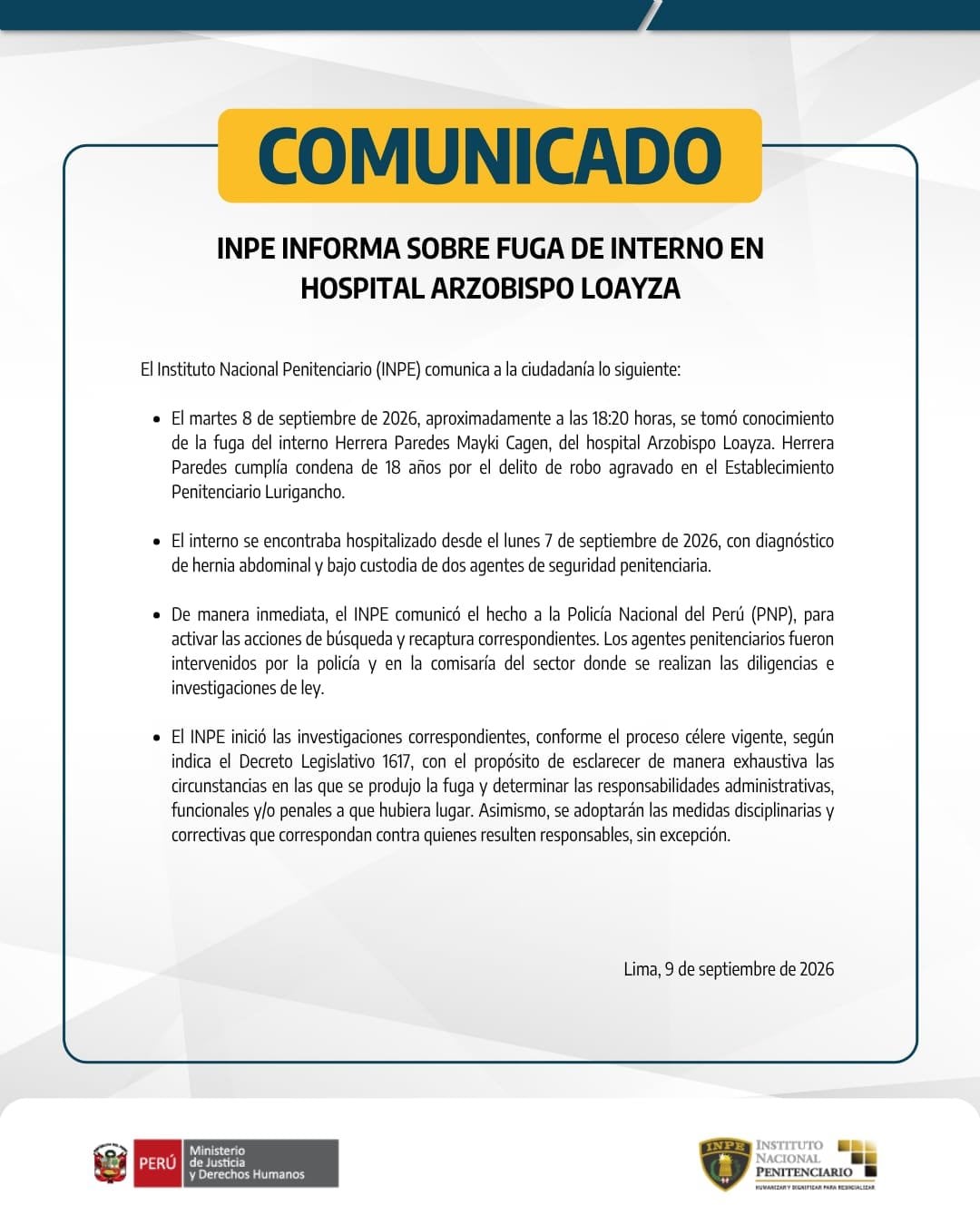 Comunicado tras fuga de reo de hospital.