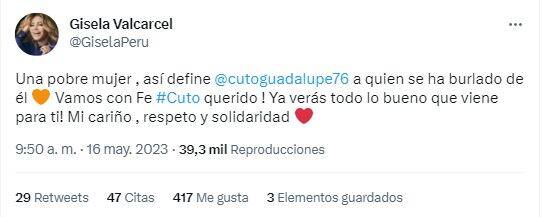 Gisela Valcárcel y su mensaje de aliento al Cuto Guadalupe. (Foto: @GiselaPeru).