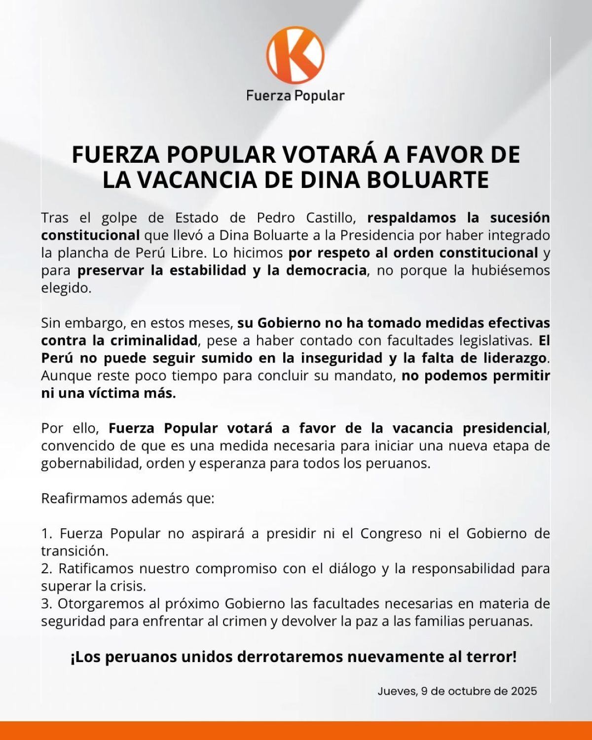 Fuerza Popular a favor de moción de vacancia contra Dina Boluarte. Foto: Fuerza Popular/ X.