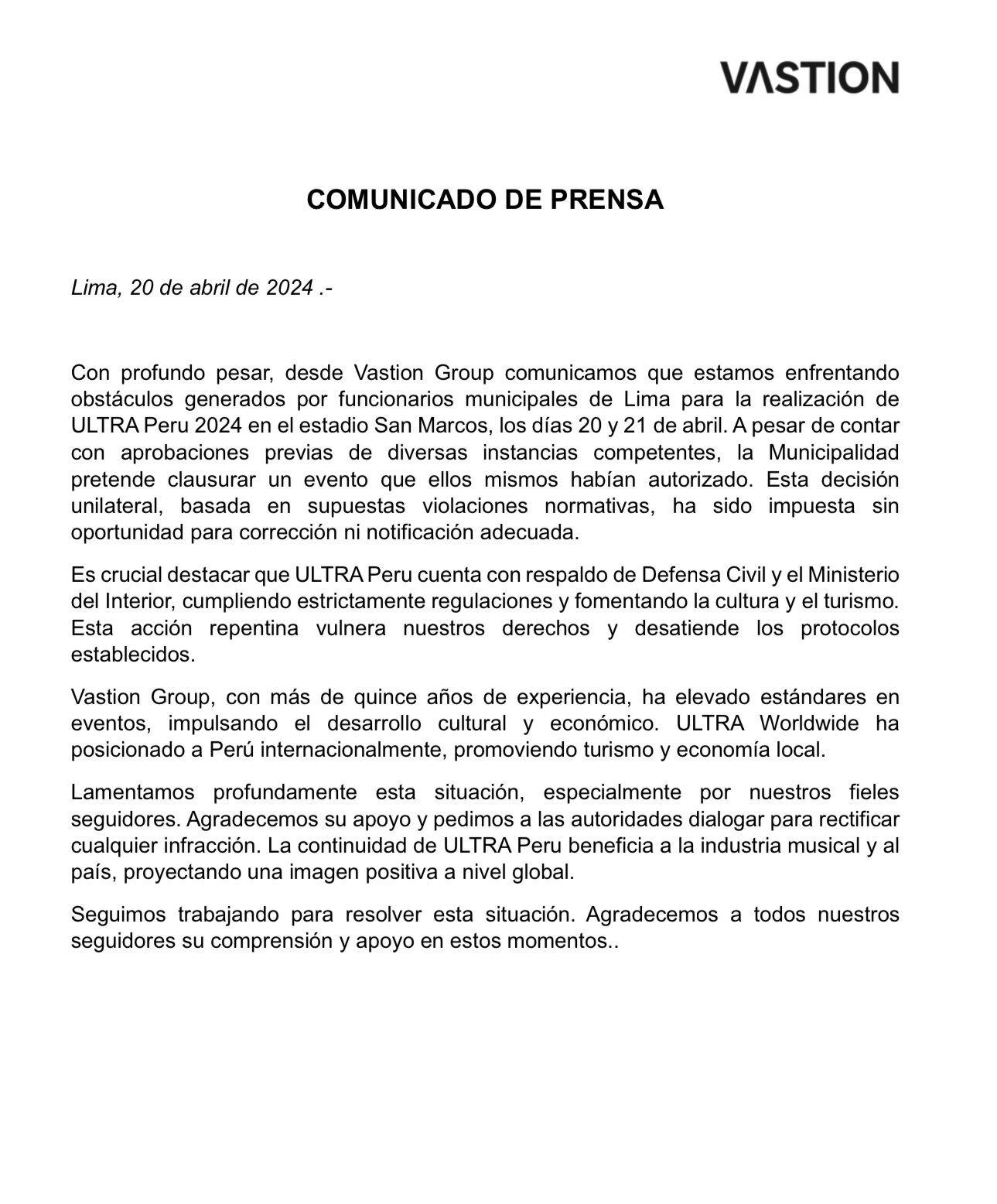 Ultra Perú 2024: Empresa Vastion emite comunicado tras suspensión por parte de la Municipalidad de Lima