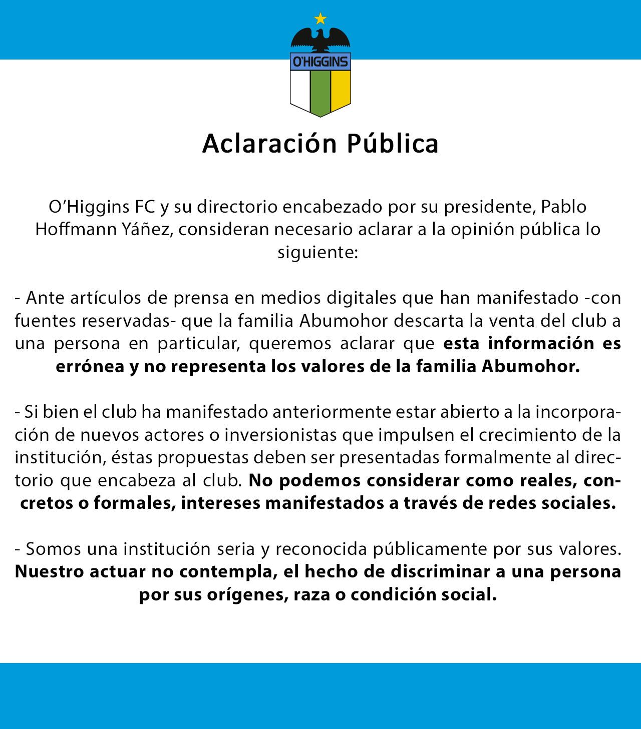 Comunicado de O'Higgins sobre intento de compra de Daniella Chávez.
