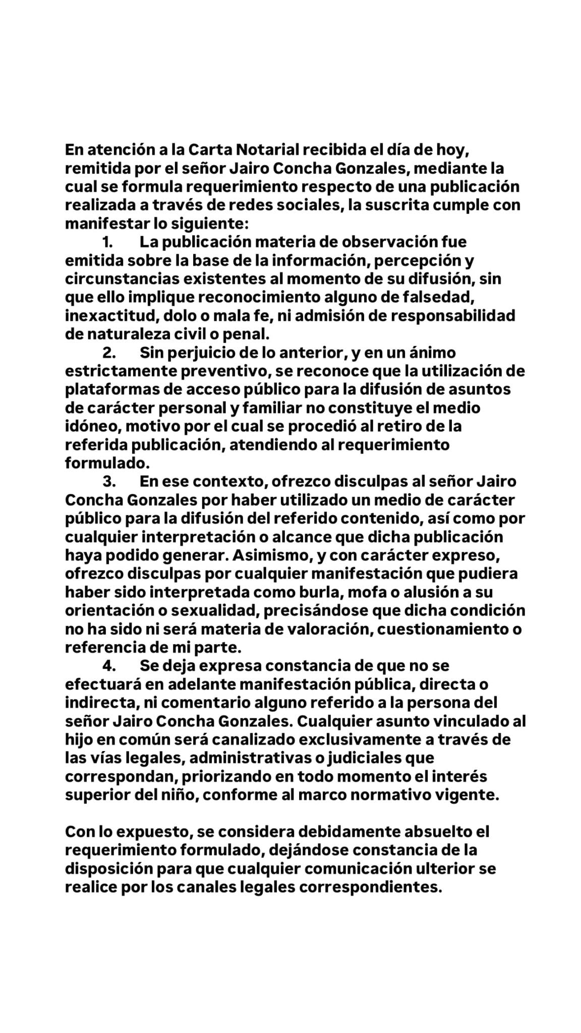 Expareja emite nuevo comunicado y pide disculpas al jugador.