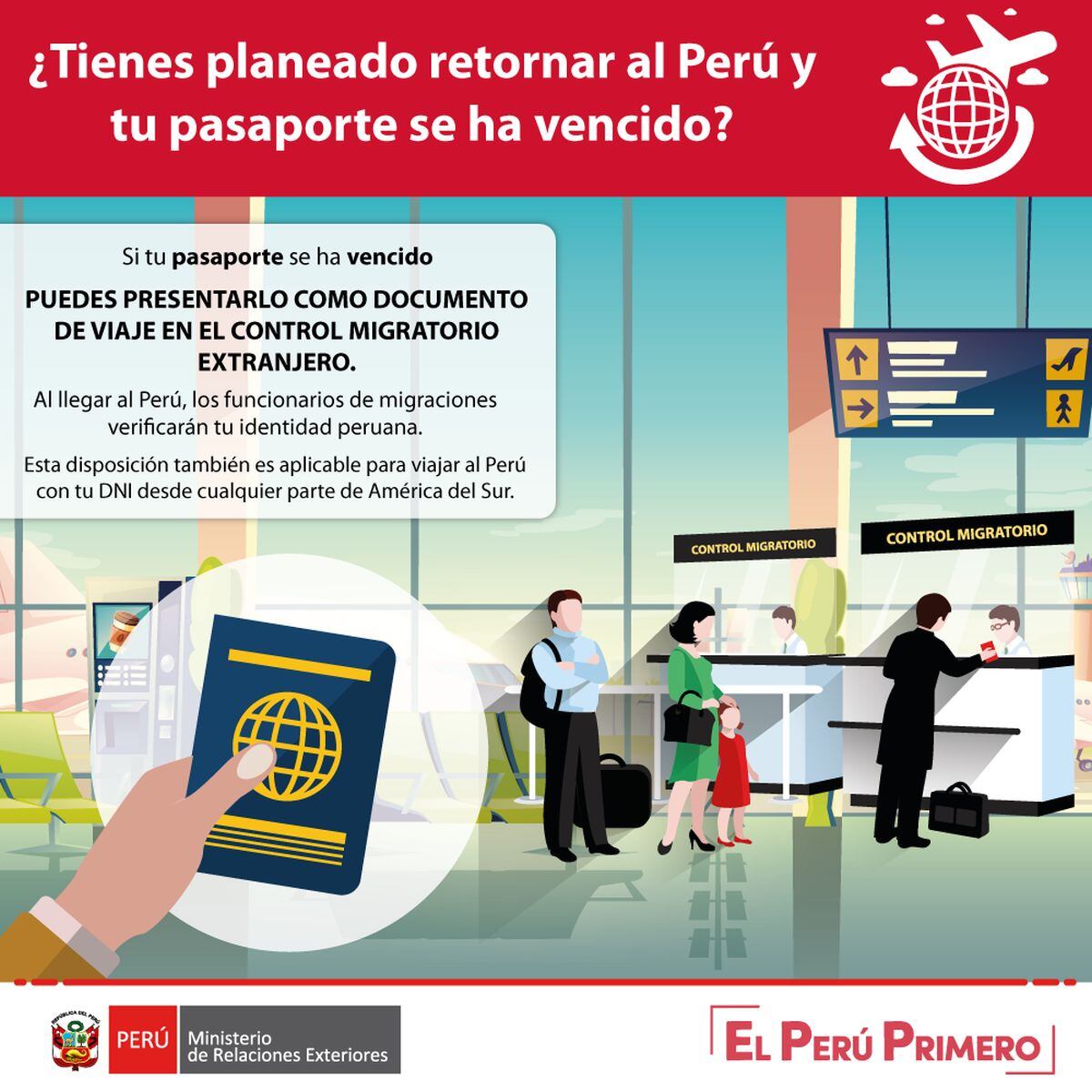 El pasaporte vencido puede ser utilizado para nuestro retorno al Perú, siempre que viajemos desde algunos de los países de América del Sur (Foto: MRE)
