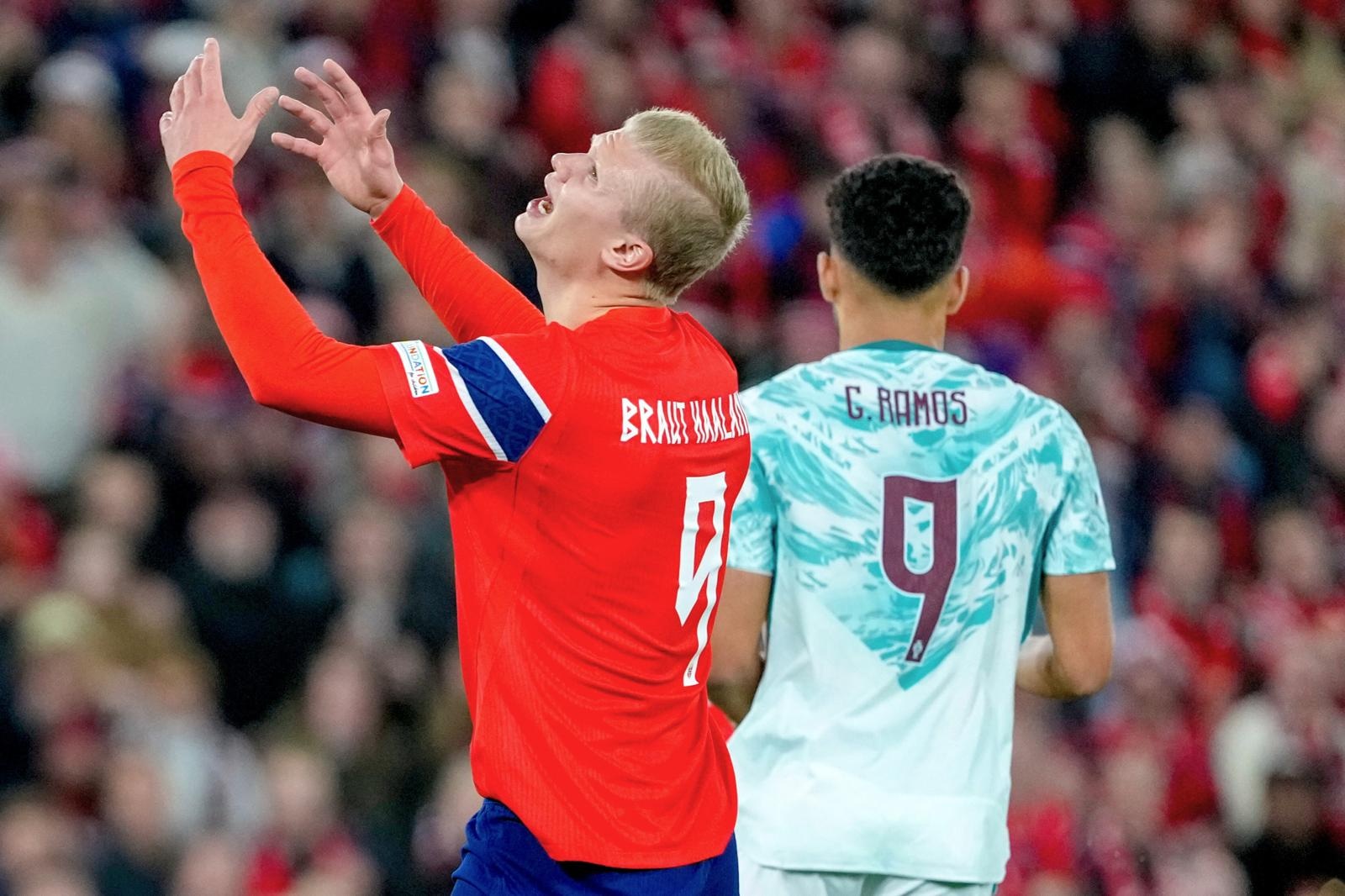 Erling Haaland durante partido de Noruega contra Portugal. (Cornelius Poppe/NTB Scanpix via AP)