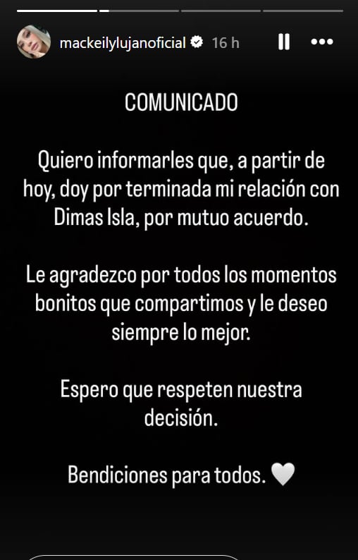 Mackeily Luján de 'La Bella Luz' anuncia que terminó su relación con Dimas Ysla.